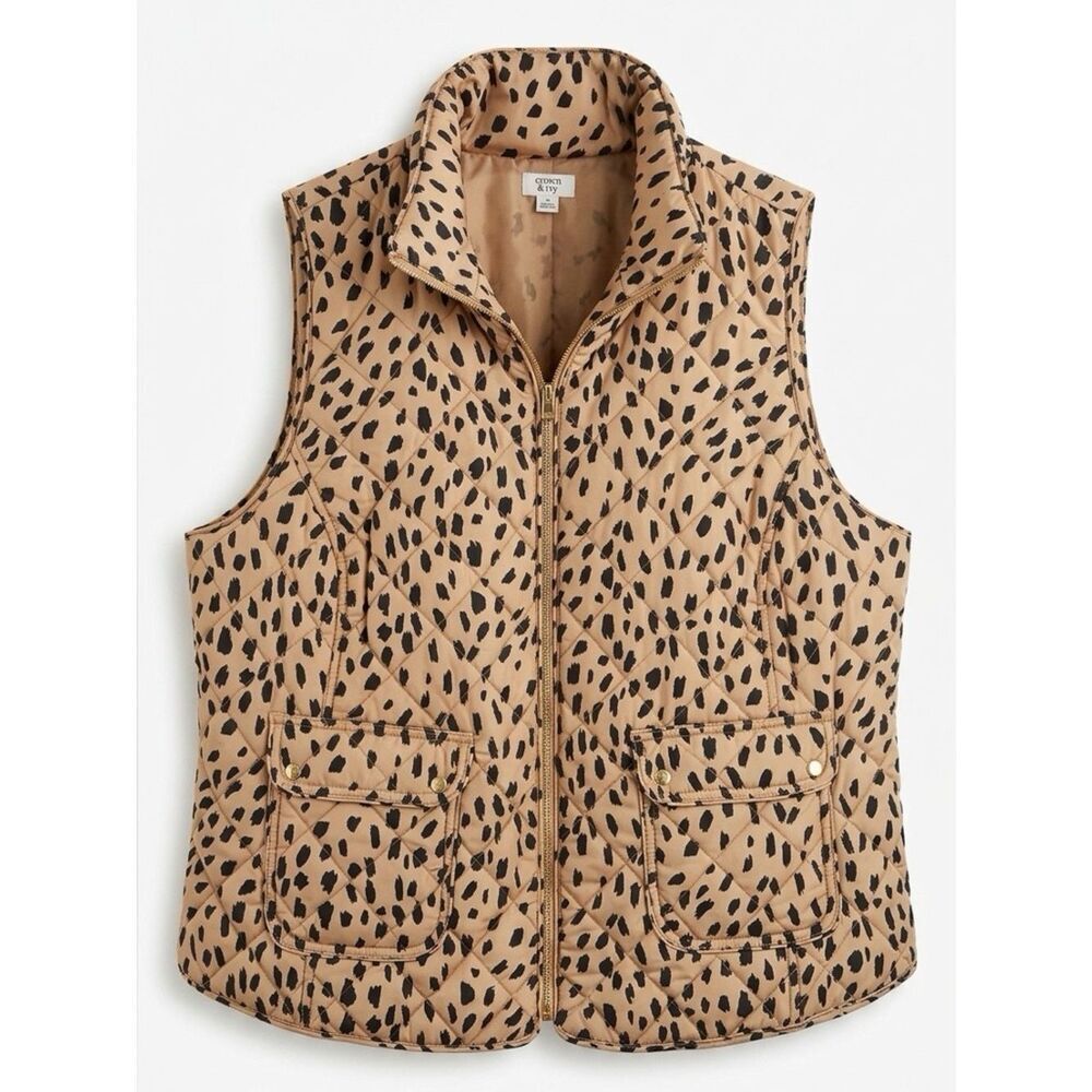 Quilted Animal Print Puffer Vest - Tan & Black